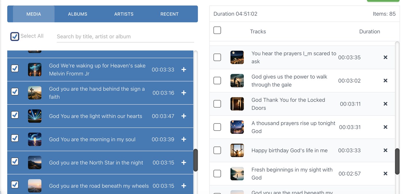 The media library on the left and the playlist tracks on the right, with the track count and total duration at the top
