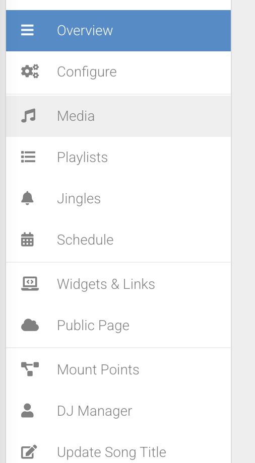 The control panel menu on the left with Overview, Configure, Media, Playlists, Jingles and Schedule