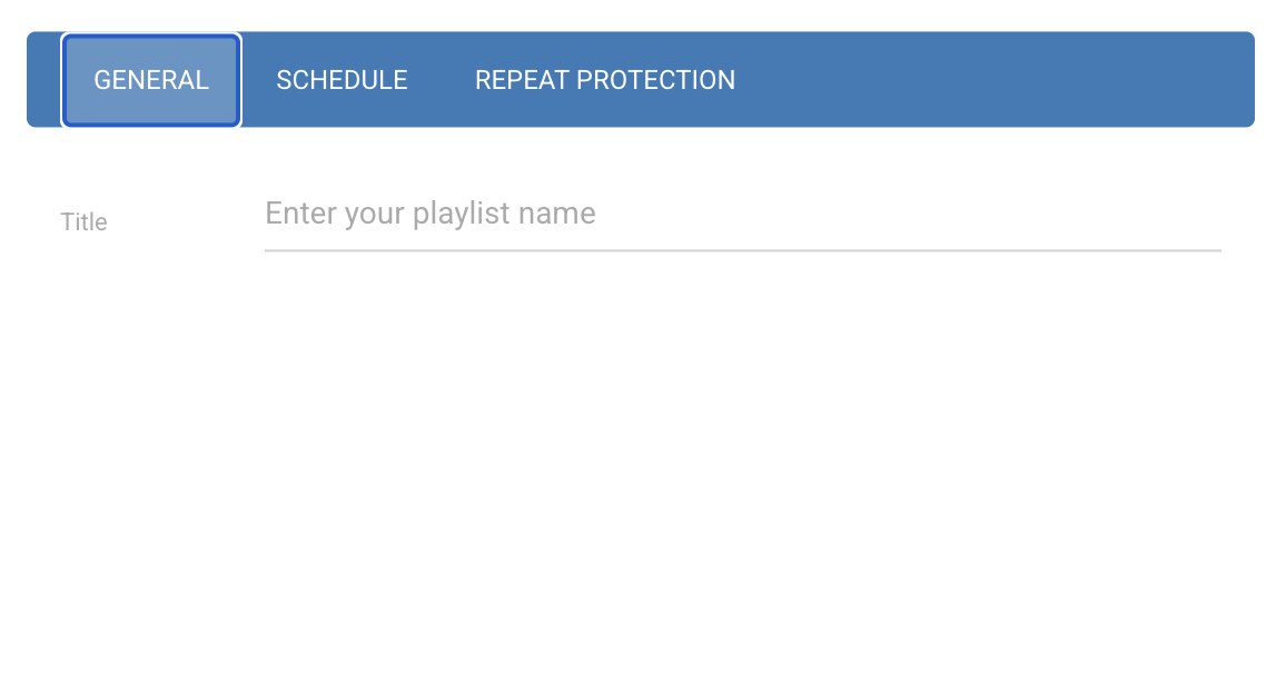 The new playlist form with General, Schedule and Repeat protection tabs and a Title field