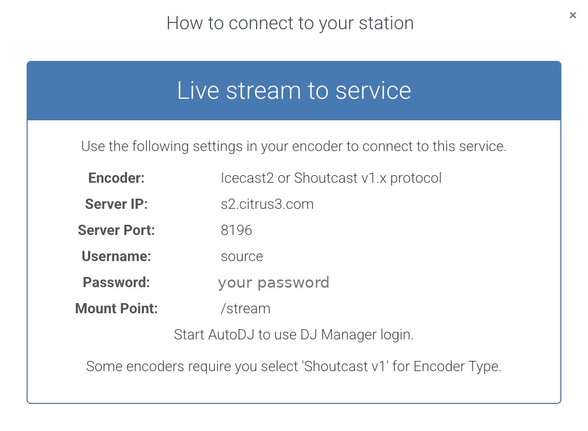 The How to connect window listing Server IP, Server Port, Username, Password and Mount Point