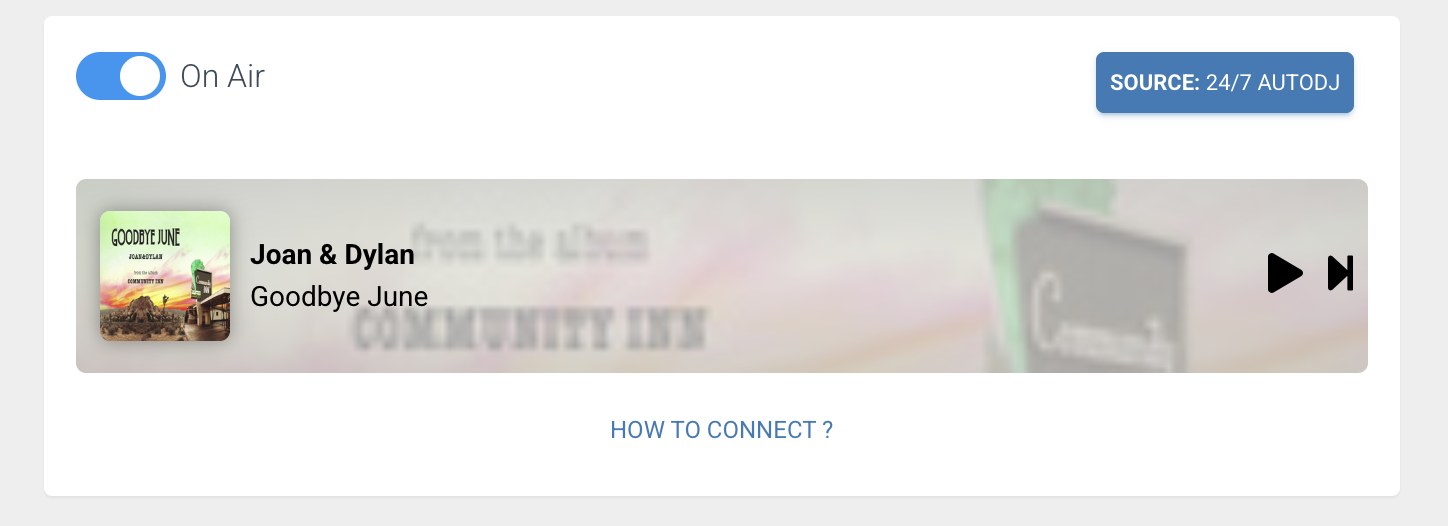 The control panel dashboard showing the On Air switch, the preview player and the How to connect link underneath it