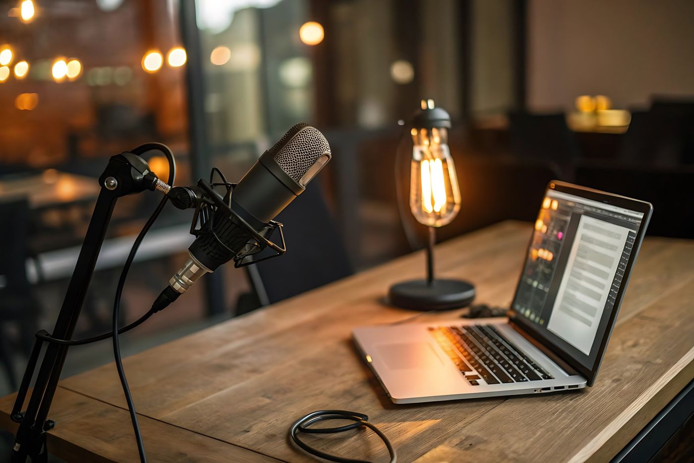 A microphone, filament lamp and laptop on a wooden desk