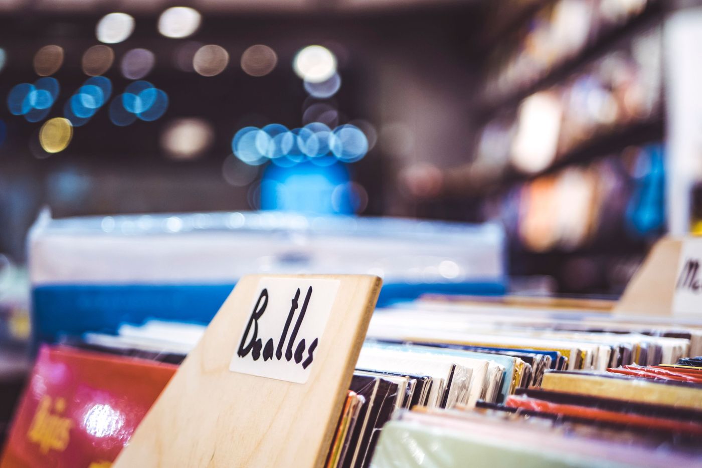 Crates of vinyl records in a record shop